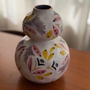 Anthropologie Mathilde Vase in White with Beautiful Pink & Yellow Leaf Patterns
